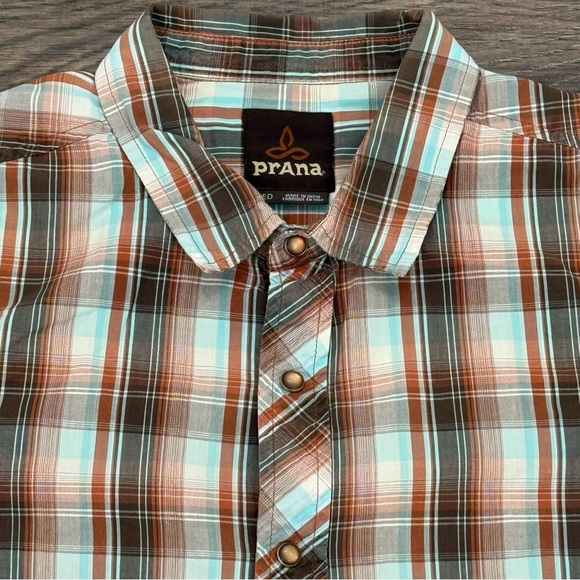 Prana Men’s Brown Blue Striped‎ Short Sleeve Pearl Snap Button Up Medium Shirt - Picture 1 of 7
